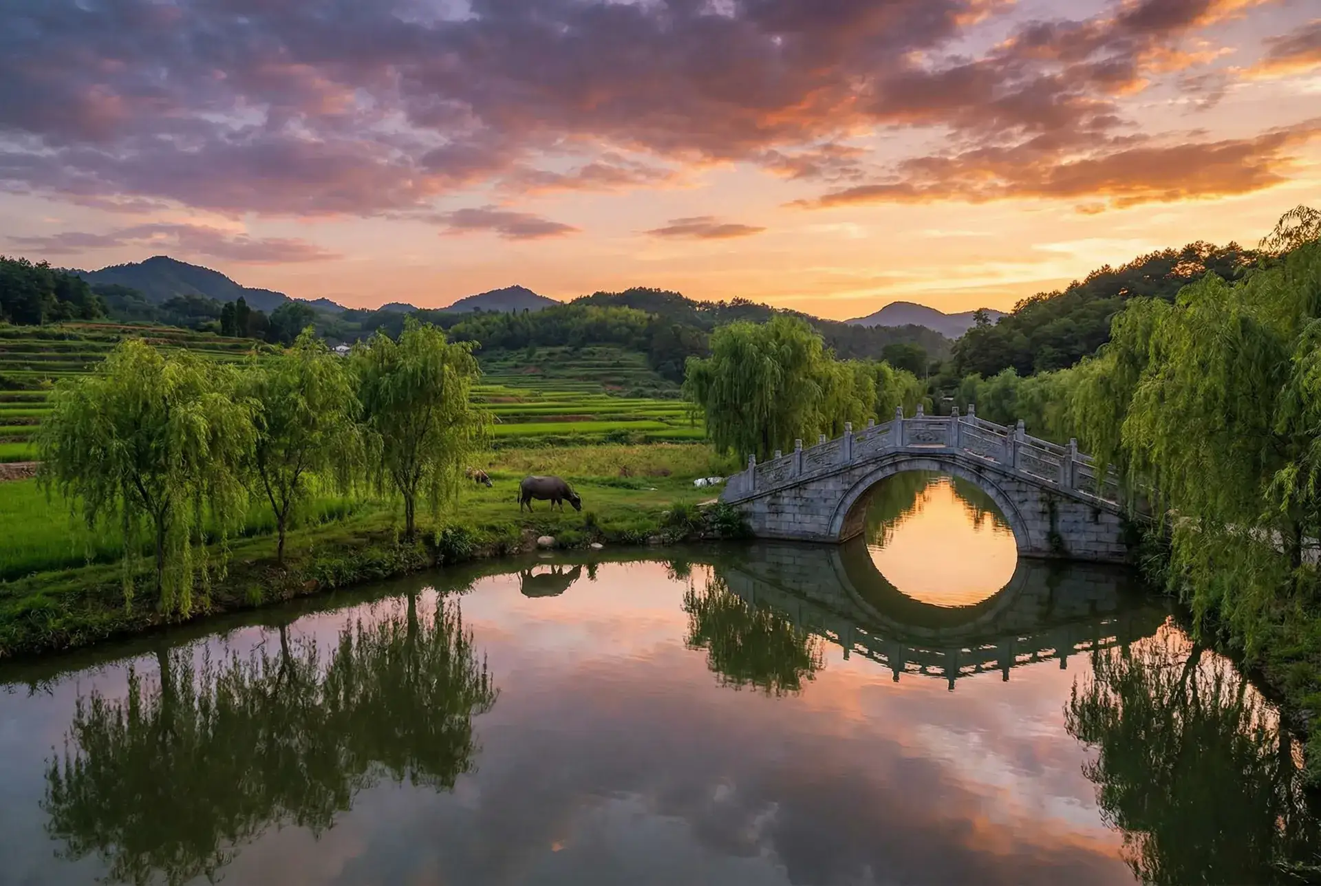夕阳下的石拱桥与垂柳，水牛在河边吃草 - 小向美柰子 乡村美景
